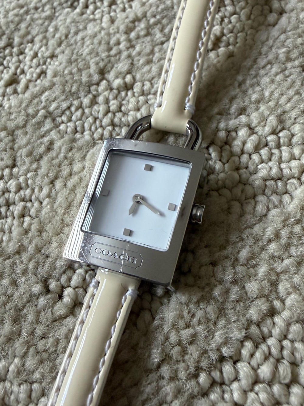 Coach Ivory Leather Strap Square Silver-Tone Watch